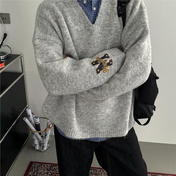 2024年新款秋冬季美式復古V領簡約毛衣男女寬松休閑慵懶百搭上衣