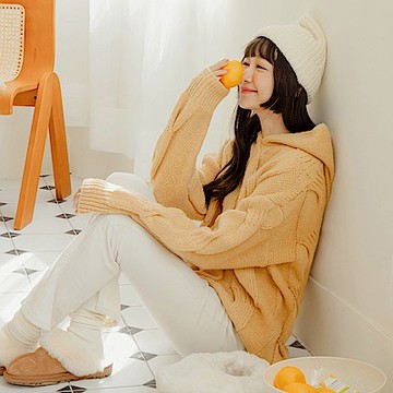 麻花織紋落肩連帽毛衣-OB嚴選