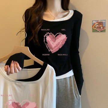 黑色印花假兩件打底衫愛心長袖T恤女2025秋新款撞色內搭純棉上衣