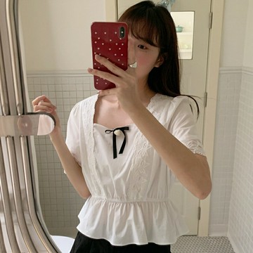 【巴黎精品】現貨+預購 T恤短袖上衣-蝴蝶結平口蕾絲拼接女裝a1fx80