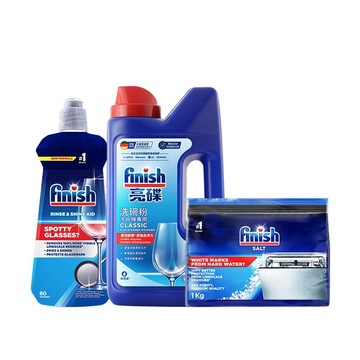 finish 洗碗機洗碗粉1kg+光潔潤乾劑400ml+軟水鹽1kg (基礎清潔3件組)