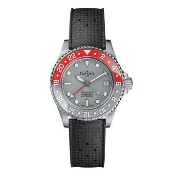 DAVOSA 161.594.55 TERNOS GMT LUCENT 紅&灰雙色立體GMT藍寶石水晶錶圈 黑色FKM氟橡膠錶帶 40mm
