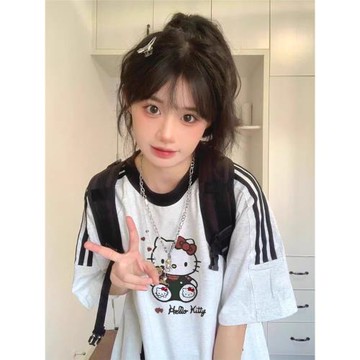 純棉HelloKitty短袖t恤女夏季2024新款初中生條紋三條杠半袖上衣