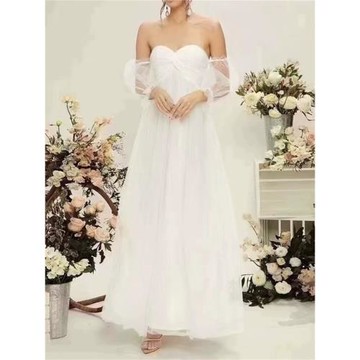 法式誘人一字領長袖網紗性感收腰顯瘦扭結設計連衣裙輕婚紗傘形裙