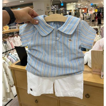 韓國24年夏款男寶寶童裝藍色條紋翻領輕薄棉麻柔軟短袖短褲套裝O7