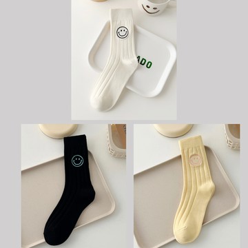 love, charlotte - 韓風刺繡笑臉坑條中筒棉襪 (均碼 (腳長22cm+))-3 雙一組