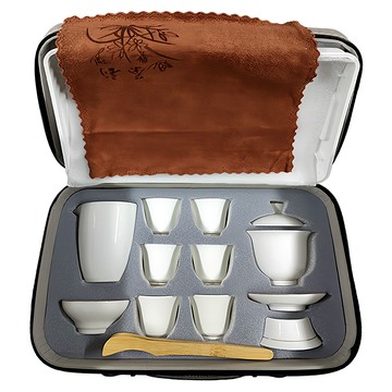 羊脂白玉瓷旅行茶具套組 實木 ABS  1個  蓋碗組 + 茶漏 + 公道杯 +茶杯6個 + 茶盤 + 茶夾 + 茶巾 + 收納盒  白色