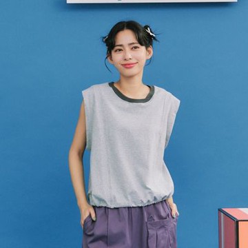 【Dailo】撞色交叉領明線休閒背心無袖上衣 米 紫 灰