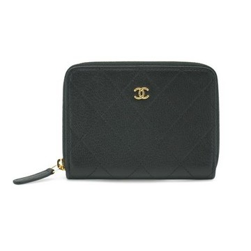 Chanel 菱格山羊皮金雙C拉鏈短夾(AP4918-黑)