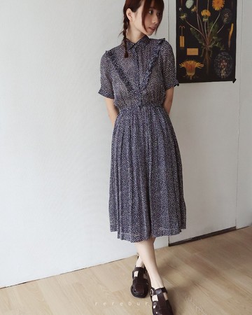 日本製日系昭和風復古剪裁圓點點深藍色雪紡短袖古著洋裝
