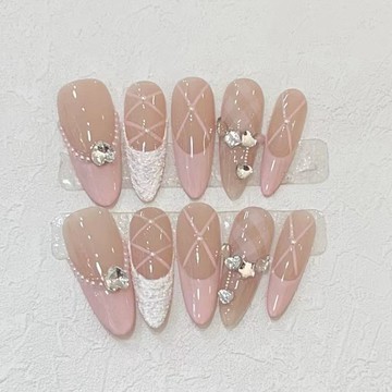 💗台灣出貨💗穿戴甲手工氣質公主粉色法式石膏愛心鑽美甲成品假指甲貼片可拆卸