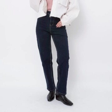 Merite｜復古深藍色高腰直筒褲 顯瘦牛仔褲 丹寧褲 冬天褲子 厚磅親膚 帥氣有型