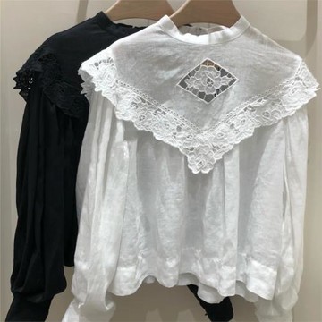 ISA2021早秋新款法式鏤空燈籠袖全麻寬松二色簡約上衣襯衫