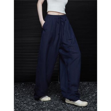 moment藏青色棉麻闊腿褲女2025夏季新款薄款寬松高腰垂感休閑顯瘦