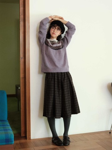 羊毛混紡格紋闊腿中褲