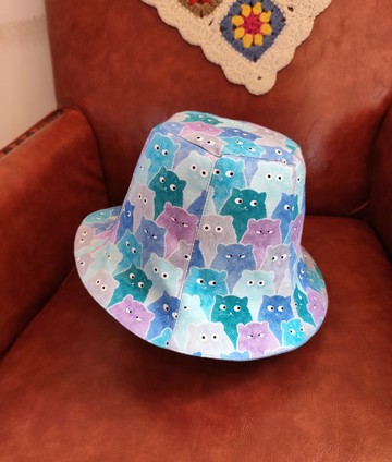 手工雙面漁夫帽/短帽簷/遮陽帽/藍色/夢幻藍貓