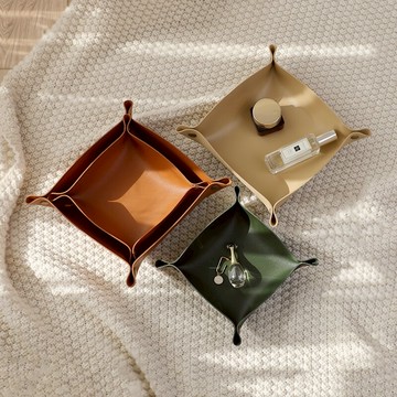 玄關鑰匙ins雙面皮質托盤純色客廳收納盒折疊正方形鑰匙首飾北歐