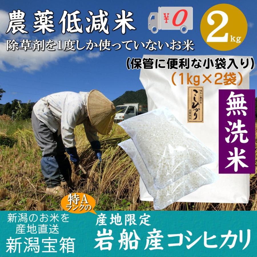 新潟県岩船産 コシヒカリ 無洗米 1kg×2袋 2kg 除草剤を1度しか使っていない米 お米 白米 特A 送料無料