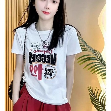 純棉可樂印花T恤女夏季新款百搭圓領上衣簡約遮肚子短袖 大尺碼女裝 短袖t恤 短袖上衣 氣質上衣 設計感上衣 韓版上衣