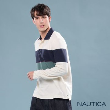 Nautica 官方旗艦 男裝  跳色領口拼接長袖POLO衫-白色