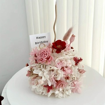 生日首選【Flora Flower】永生繡球花蛋糕 - 初荷紅 (僅觀賞,不可食用) 生日 禮物 永生花 乾燥花 開幕