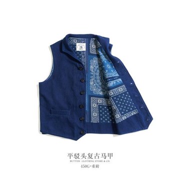 美式復古藍染刺子古巴領西裝馬甲古著R*L獵裝工裝翻領重磅背心男