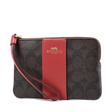 COACH 配色防刮皮革手拿包-咖啡紅