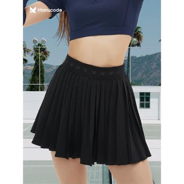 Manucode復古黑色速干運動網球百褶裙安全褲彈力腰頭運動休閑半裙