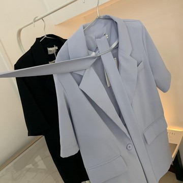 十三行  系帶收腰薄款西裝外套女夏A-2純色簡約寬松短袖西服