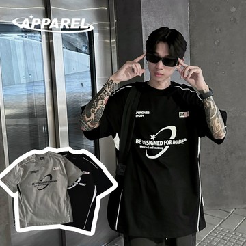 【APPAREL】重工藝星星英文發泡字體M徽章上下滾條+拼接短T 寬鬆短T 寬鬆短袖 寬鬆上衣 重磅上衣