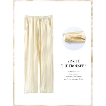 長褲睡褲女春秋純棉薄款寬松直筒褲夏季可外穿全棉杏色條紋家居褲