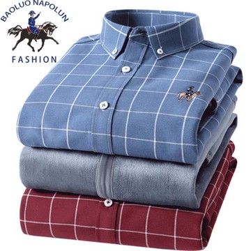 保羅冬季新款男士格子保暖襯衫長袖中青年休閑修身加絨加厚襯衣潮