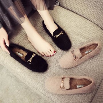 香港毛毛鞋女秋冬外穿2025新款網紅棉鞋平底水貂毛絨棉瓢鞋豆豆鞋