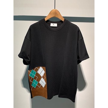 港風潮流個性百搭時尚刺繡拼接設計純棉上衣夏季男士落肩短袖T恤