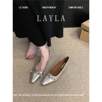 2025年春秋新款低跟尖頭單鞋仙女鞋淺口銀色蝴蝶結配裙子氣質瓢鞋