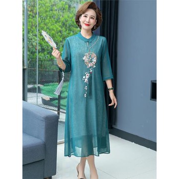 媽媽夏裝連衣裙50歲中年女氣質改良旗袍長裙中老年女大碼雪紡裙子