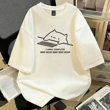 重磅純棉日系時尚卡通小貓印花短袖t恤情侶ins潮牌夏季寬鬆上衣男