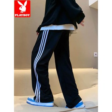 花花公子褲子男春秋季潮流百搭條紋闊腿垂感寬松直筒休閑長褲男款