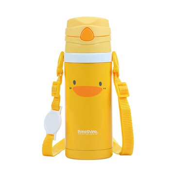 PiYOPiYO 小鴨 不鏽鋼真空吸管隨行杯 廣口設計 可入冰塊 彈蓋式 食品級304不鏽鋼材質 附揹帶  黃色  420ml  1個