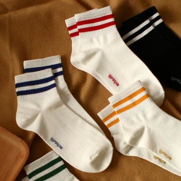 秋冬新品純色基礎款二條杠純棉短筒襪男士運動潮流全棉中筒襪子