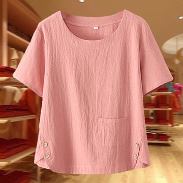 短袖女夏季媽媽棉麻上衣洋氣女士套裝夏大碼中年婦女夏裝新款t恤