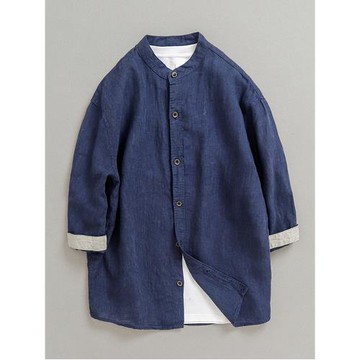 痞帥立領七分袖純亞麻襯衫夏季寬松休閑棉麻上衣復古男裝中袖襯衣