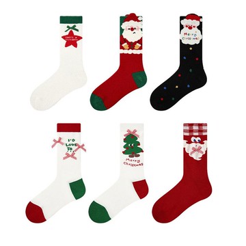 聖誕冬季卡通女士3雙組合棉襪  聖誕棉質襪紅綠色中筒襪