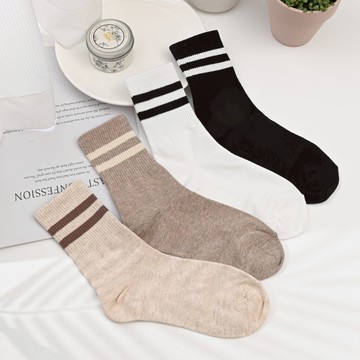 韓國襪復古簡約雙條紋中筒襪-多色任選