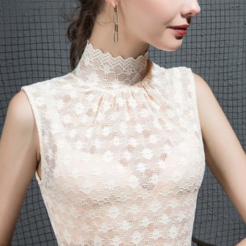 2025春季高領無袖蕾絲打底衫女修身歐洲站內搭褶皺設計感立領背心