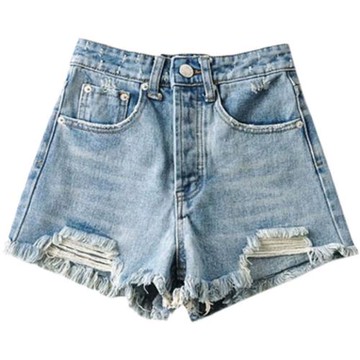 2025夏裝時髦百搭毛邊流蘇高腰牛仔短褲女修身顯腿長破洞a字熱褲
