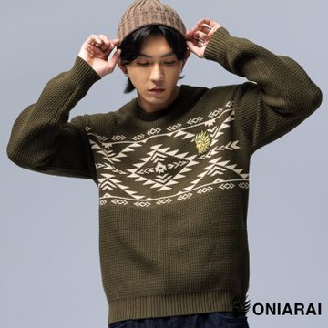 鬼洗 BLUE WAY – 都市遊俠幾何大緹花長袖毛衣(深綠)