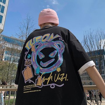 涂鴉t恤男ins港風chic復古情侶短袖夏季衣服潮牌潮流寬松半袖體恤