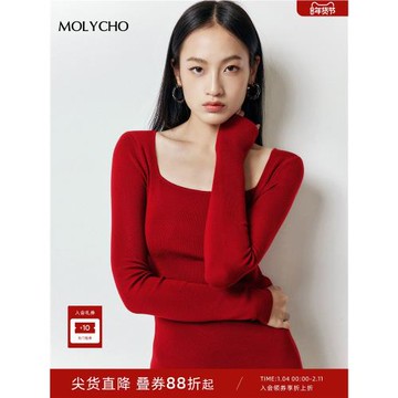 MOLY CHO復古方領針織打底衫女秋季紅色緊身毛衣修身顯瘦內搭上衣