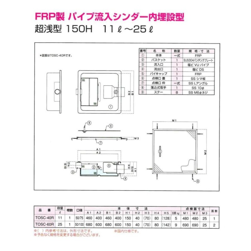 TOSC-60R FRP製パイプ流入シンダー内埋設型 PP型 超浅型150H 11L〜25L